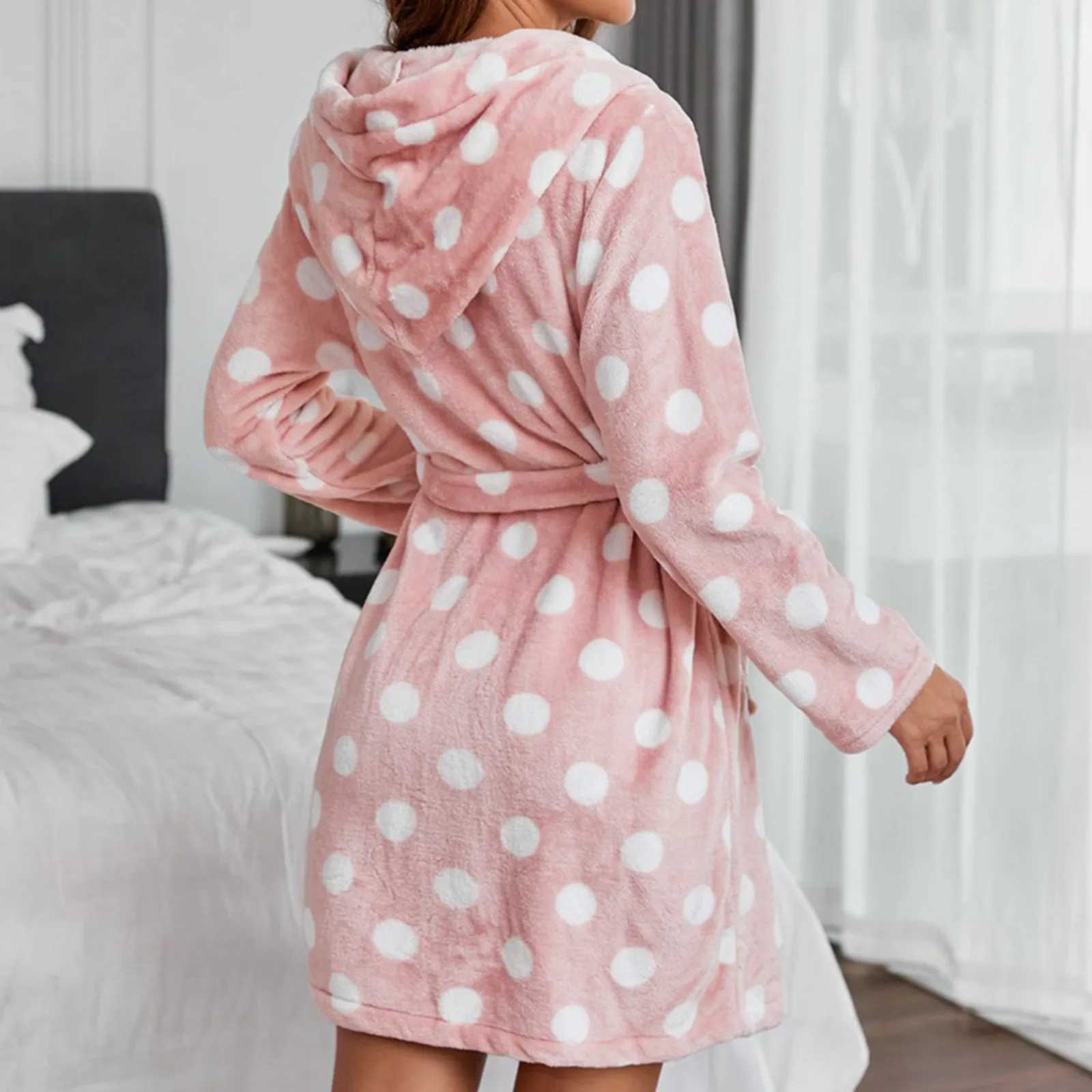 Womens bathroom Drstring waist hooded short night light home clothing womens polka dot printed casual clothing cardigan pocket W241204