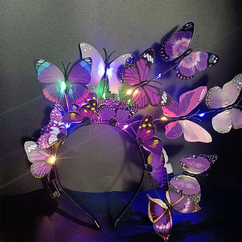 Butterfly Fascinator Headband Glowing LED Light up Bohemian Hair Band Hoops Colorful Headpiece for Party Wedding Christmas 241122