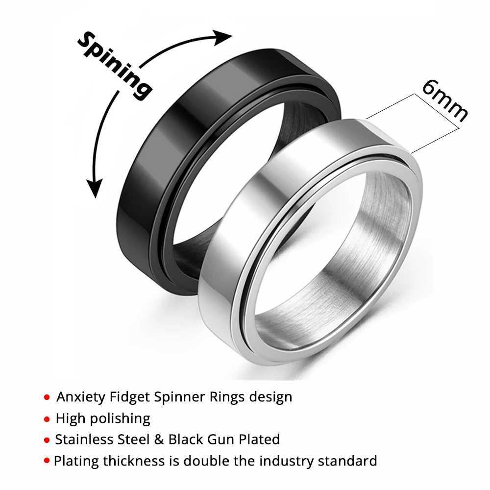 Anxiety Fidget Rotating Ring Black Silver Stainless Steel Rotating Emotion Ring W241205