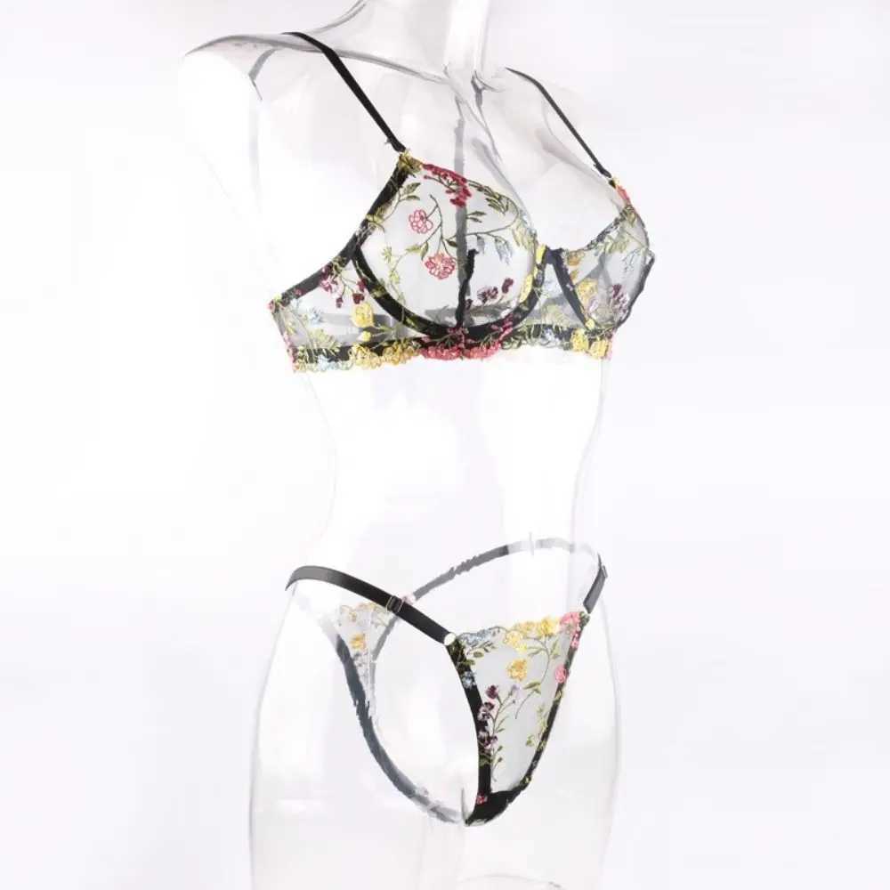 1set Embroidery Lingerie Set Sexy Floral Sheer Wireless Bra Boho Bra Panty Set Women Underwear Wireless Bra Lingerie SetXJ241205