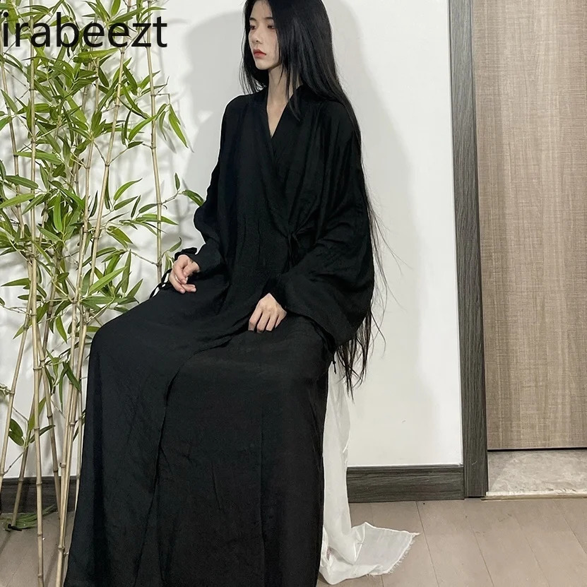 Autumn and Winter Chinese Suit Wei Jin Dynasty Hanfu Printed Skirt Coat Art Outside Acient Loose Long Dress for Women 241205