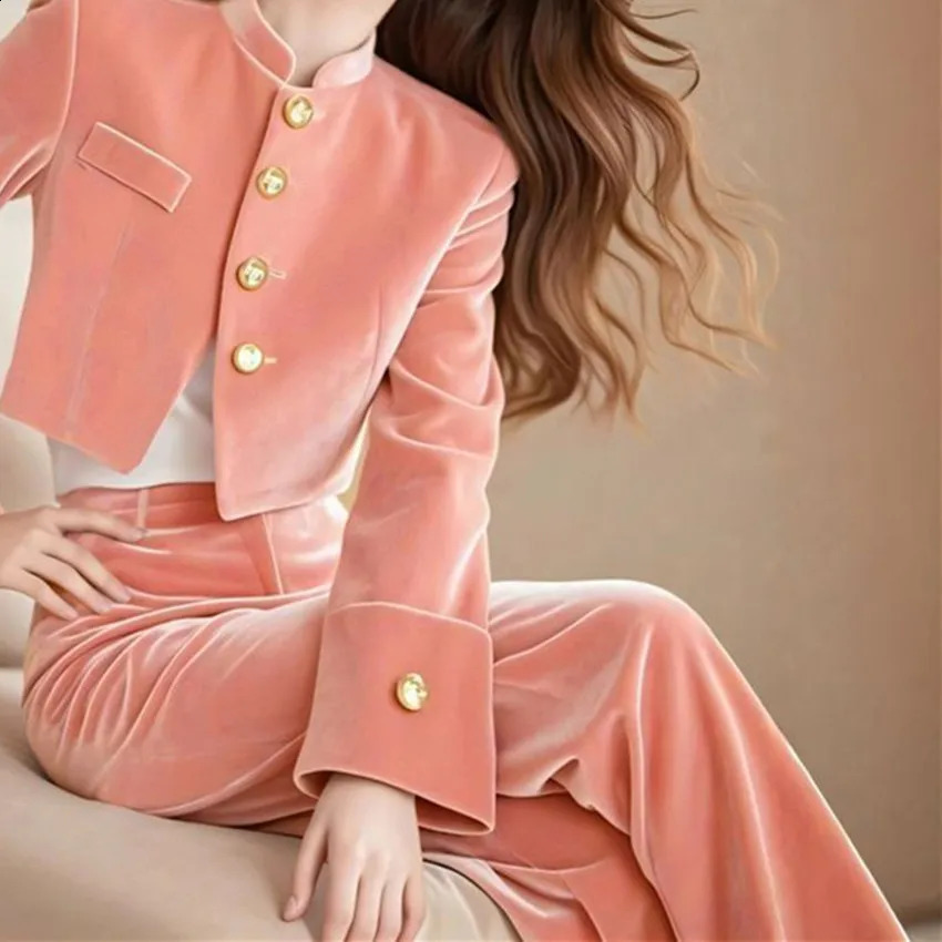 Elegant Velvet Jacket Suit Women Stand Collar Golden Single Breasted Blazer High Waist Wide Leg Pants 2 Piece Set Outfits 805P 241205