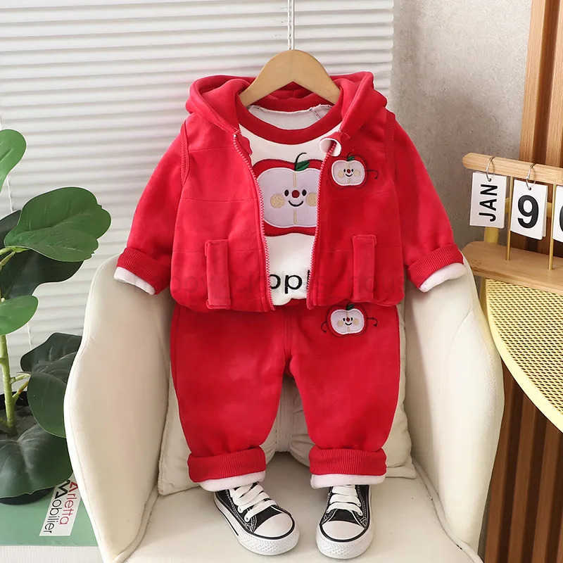 Childrens Autumn Winter Set Velvet Hoodie Boys Girls Top and Pants 3PCS Set Childrens and Toddler Warmth Set 0-4YXJ241205