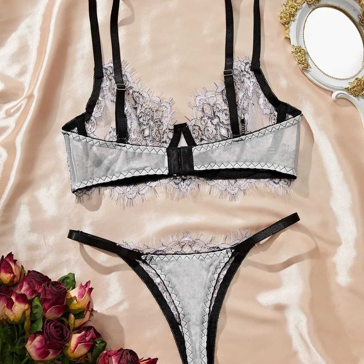 Summer New Pure Desire embroidered lingerie Set French Style Womens Solid Ultra-Thin Gather Bra Lady Perspective Lace UnderwearXJ241205
