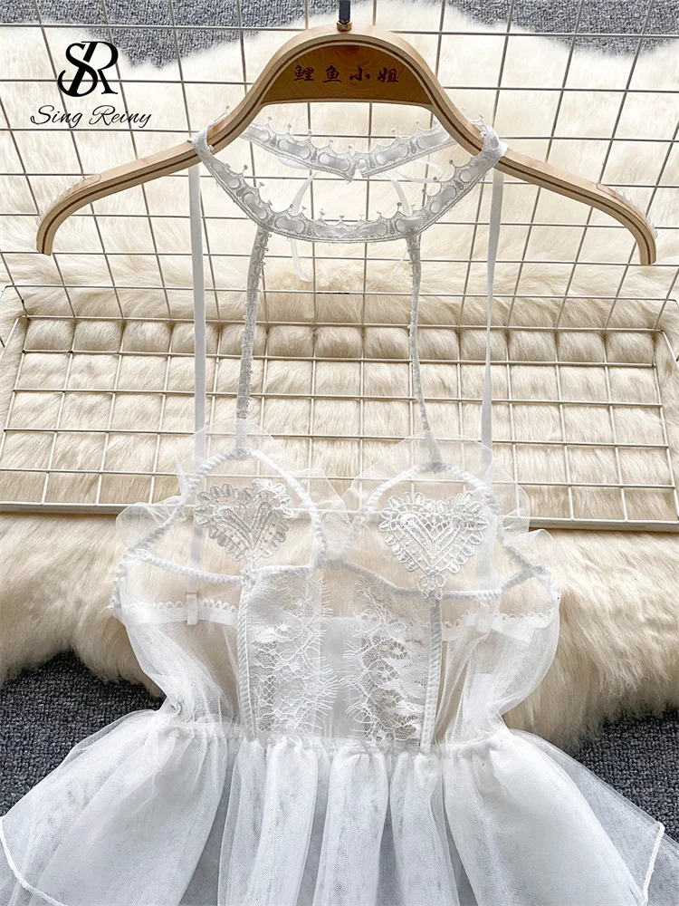 SINGREINY Wedding Cosplay Erotic Lingerie Pajamas Dress Sets Women Halter Straps Gauze Nightgowns Fashion Sheer Sexy Night Dress 241205