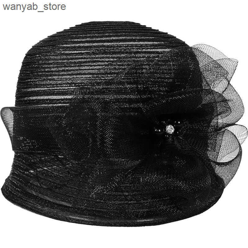 Cloches Womens Fedora Retro Black Hat with Handmade Bow Womens Cloche Bowler Church Hat L240910