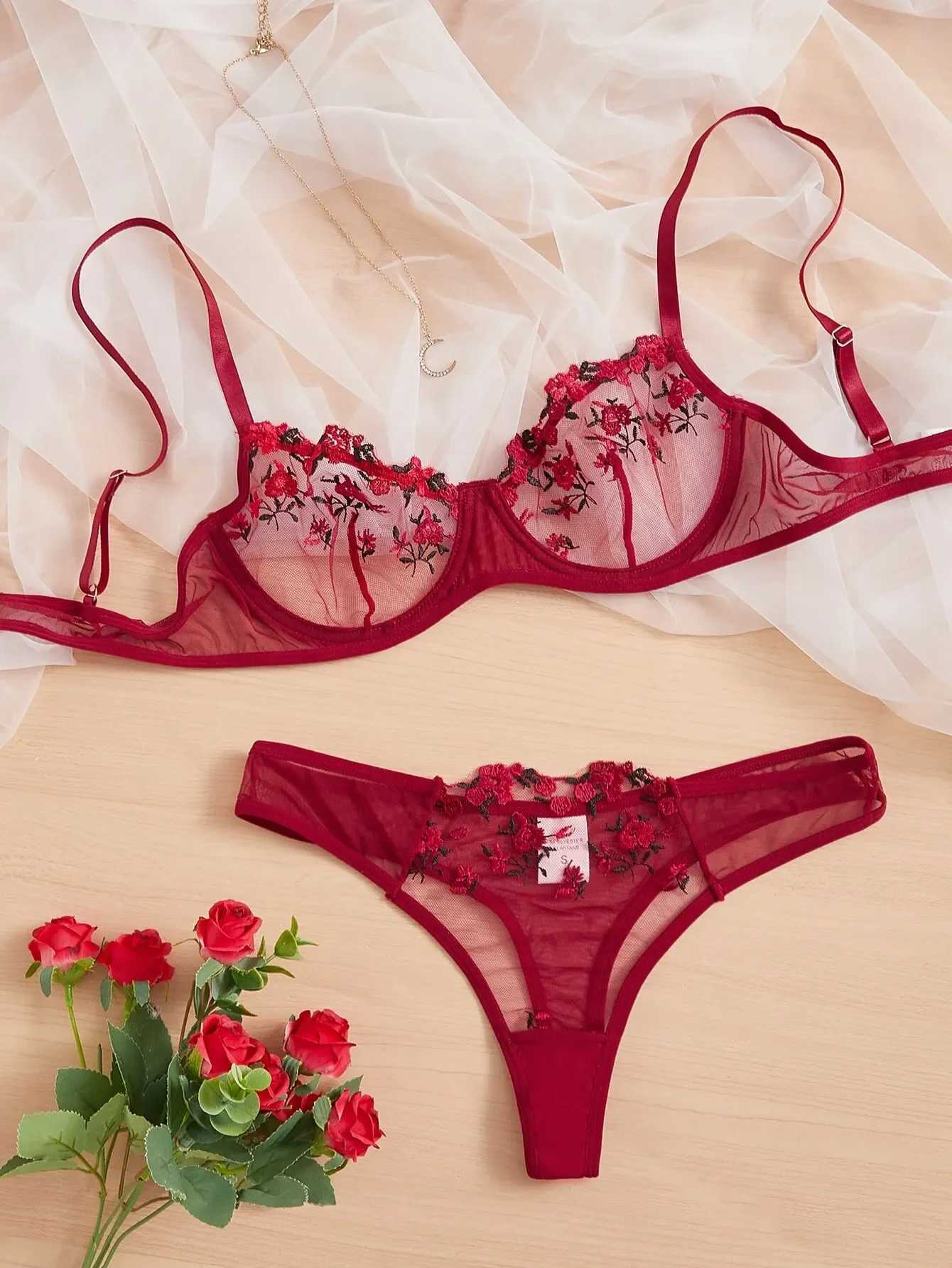 Sexy Lingerie Exquisite Embroidery Floral Ultra-thin Sexy Large Size Lingerie Ladies Lace Transparent Underwear Bra Set S-4XLXJ241205