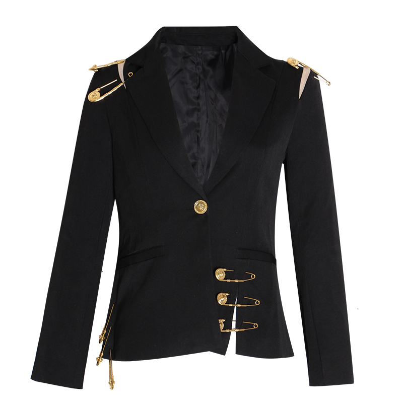 Loose Fit Black Hollow Out Pin Spliced Jacket Blazer New Lapel Long Sleeve Women Coat Fashion Autumn Winter
