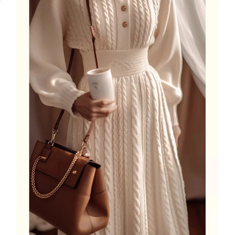 Autumn and Winter Fashion Solid Thick Warm Thread Knitted Dress Womens Clothing Elegant Slimming Collar Wool Dress 241205