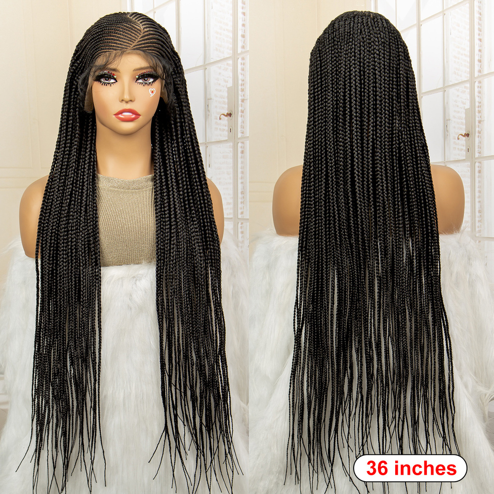 36 Inches Full Cornrow Braided Wigs Synthetic Knotless Box Braids With Baby Hair For Black Women Lace Frontal Wig