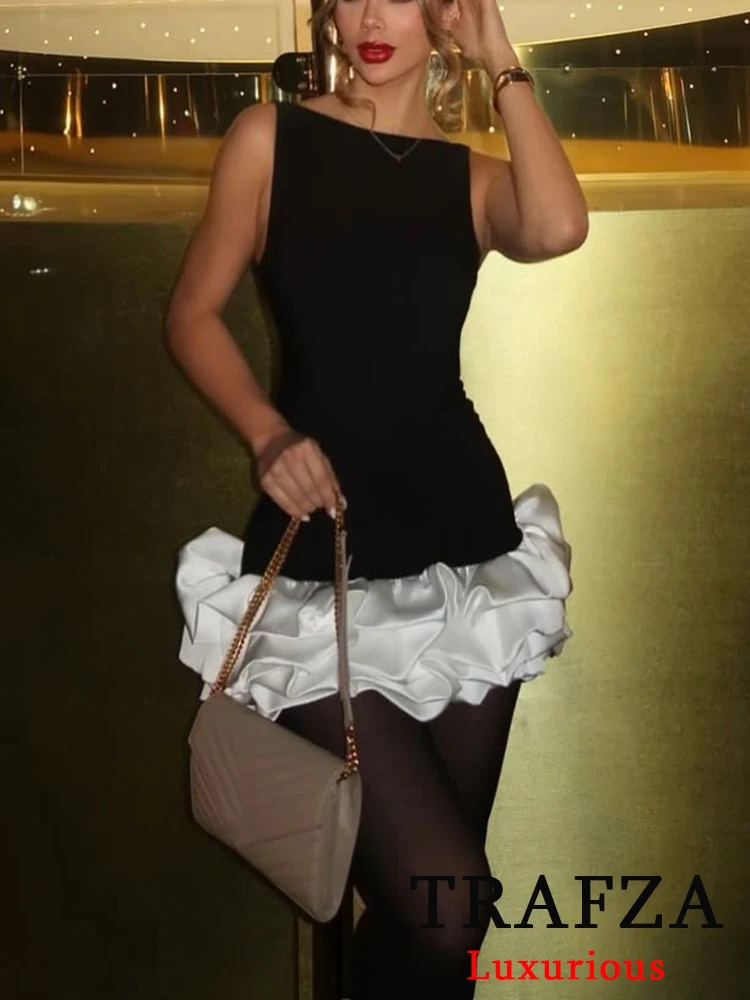 TRAFZA Vintage Chic Sexy Women Dress Solid Cami Sleeveless Backless Mini Party Vestidos Fashion Autumn Winter Dress 241205