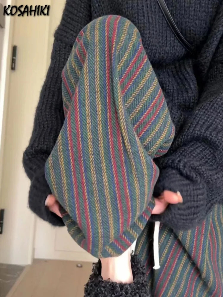 2024 Vertical Stripe Wide Leg Trousers Casual Harajuku Women Drawstring Pants Vintage Y2k Aesthetic Grunge Loose Pocket Pantalon 241204