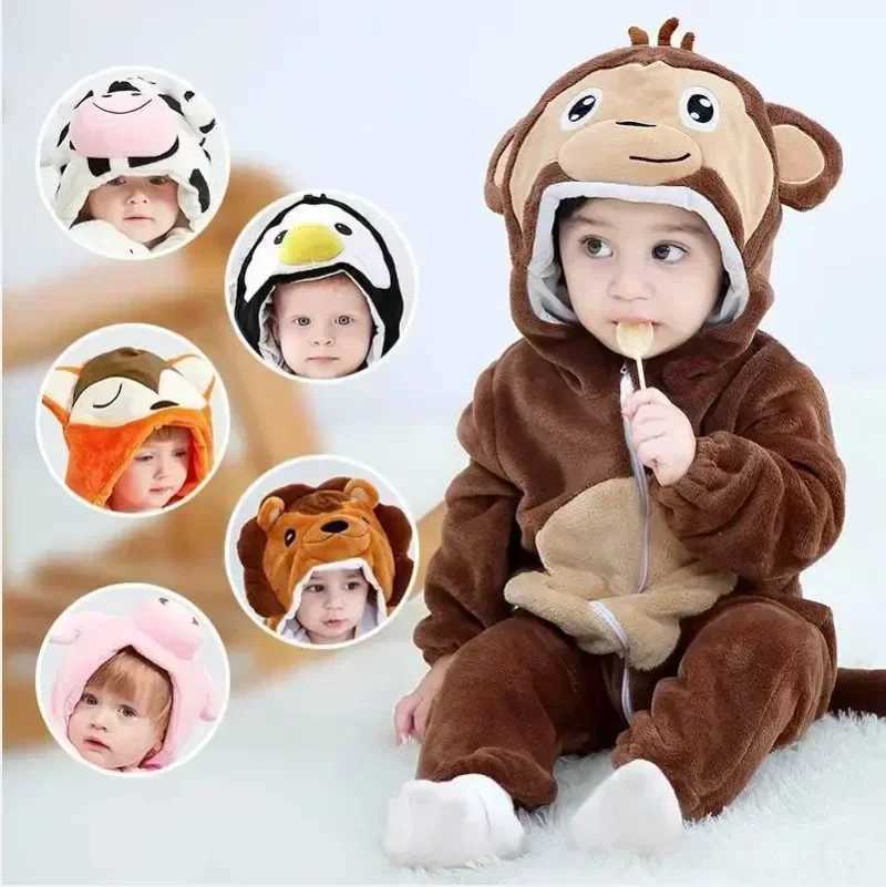 Pajamas Baby Girls Onesie Kigurumi Monkey Cow Lion Animal Cosplay Costume Winter Flannel Jumpsuit 1 to 4 Years Kids Boys Pajamas H241205