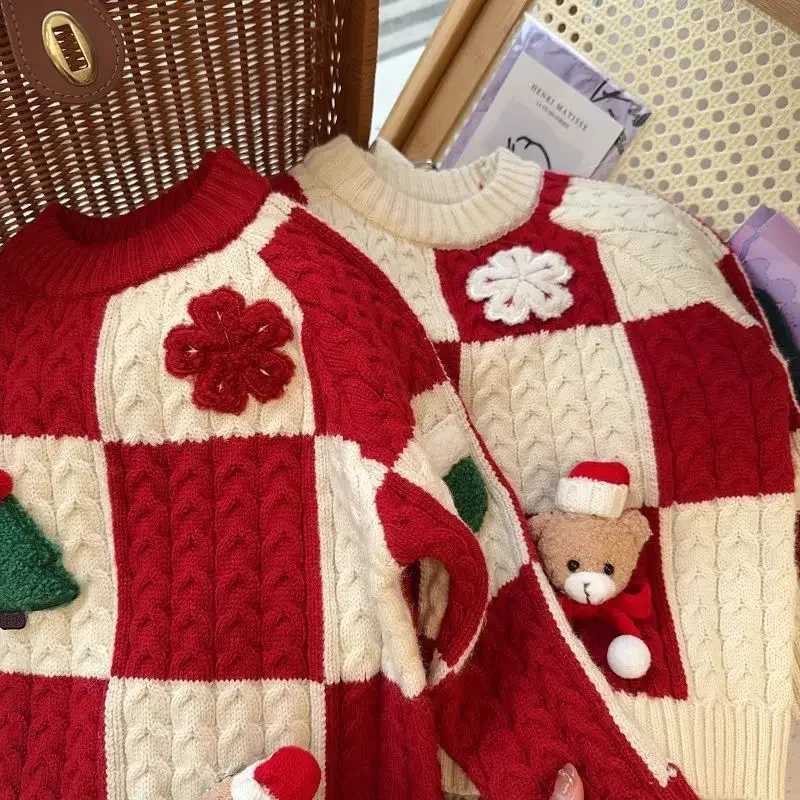 Childrens Red Checkered Sweater New Year Greetings Autumn and Winter Christmas Knitted Sweater Winter Warm Bottom Pants W241205
