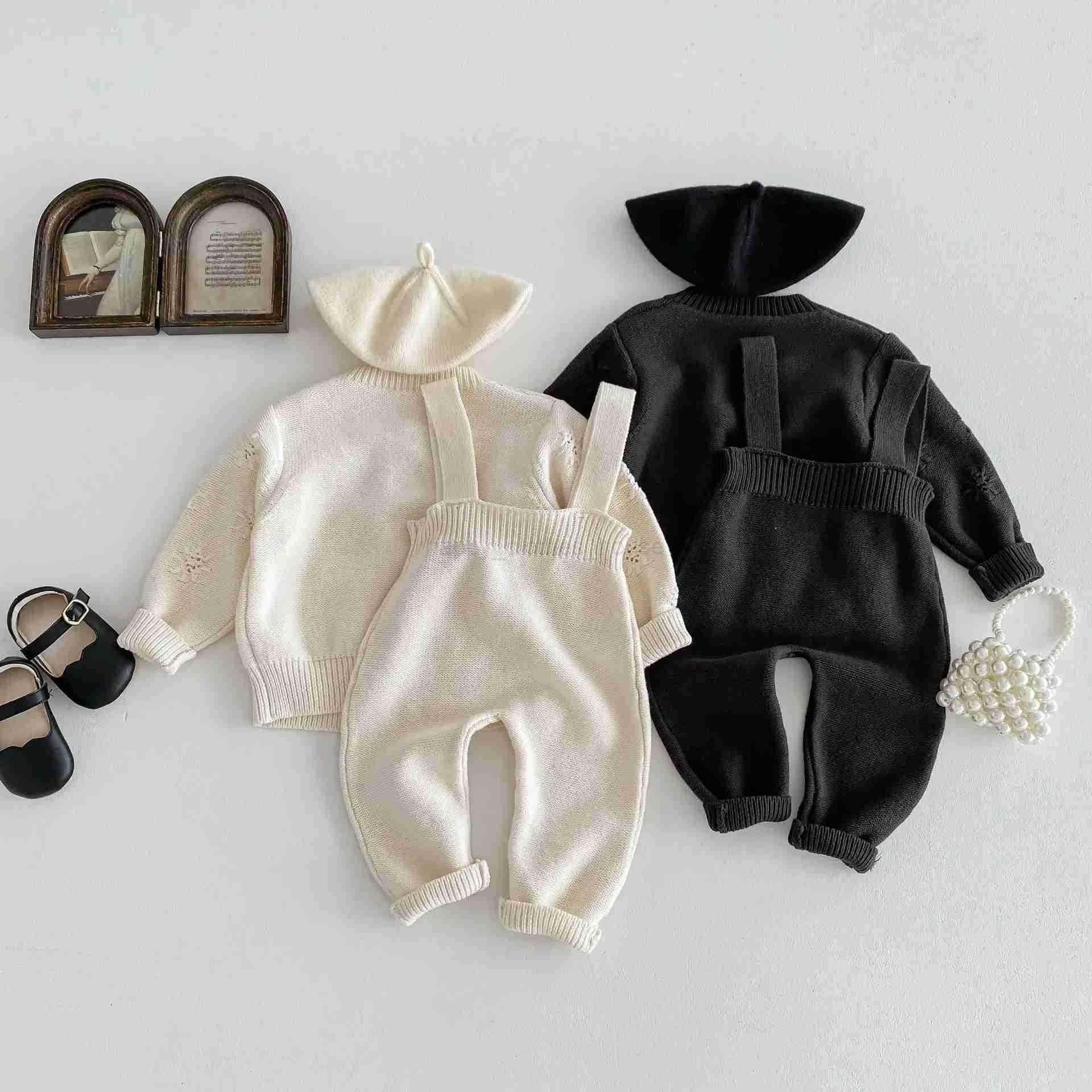 8972 Baby Clothes 2024 Spring New Solid Color Baby Girls Knitted Cardigan Coat Or Strap Pant Casual Two Piece SetXJ241205