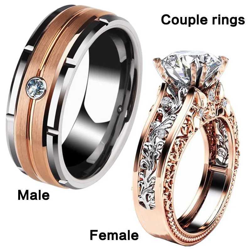 New elegant and romantic womens crystal zircon ring popular mens stainless steel couple jewelry gift W241205