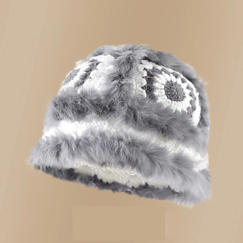 Rabbit fur knitted plush hat womens autumn and winter fluffy tiger head lion awakening hat cute display face small wool hat 241205