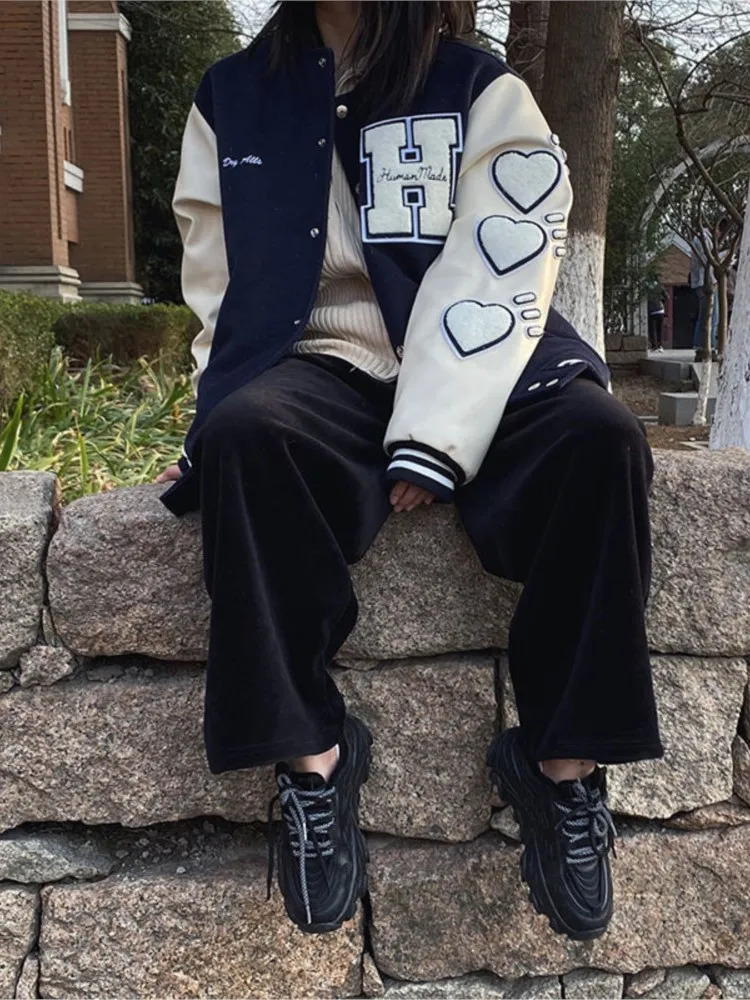 America Bomber Black Heart Jacket Female Oversized Baseball Jacket Women Harajuku Loose Streetwear Outerwear Goth 241205