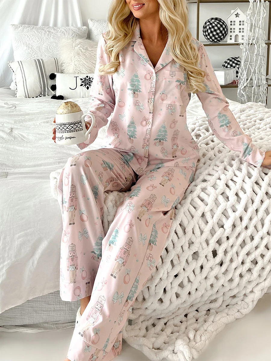 Women Xmas Pajamas Sets Long Sleeve Sleepwear Lounge Holiday Christmas Print Two Piece Pjs Pants Set Homewear 241204