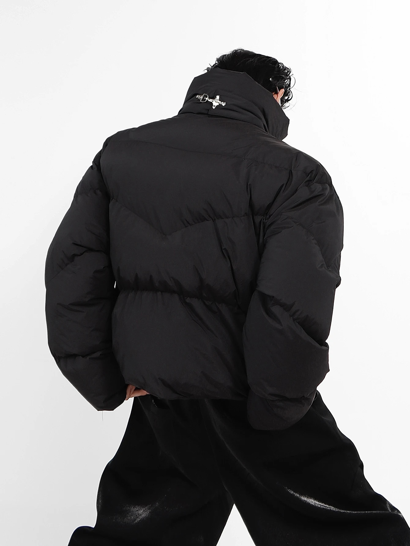 ReddaChic Star Pin Asymmetric Down Jacket Mens Black Cut Quilted Coat Turtle Neck Thick Warm Puff Y2k Grunge Street Wear 241202