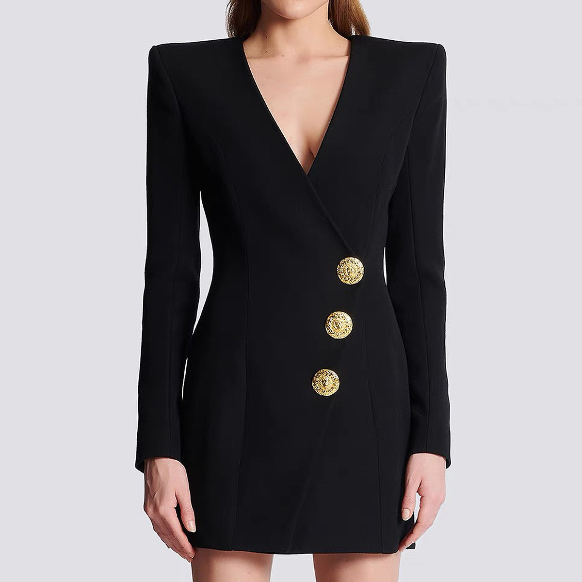 Fall Winter Sexy V-Necke Single-Breasted Long Sleeve Women Office Blazer Short Mini Slim Black Dress