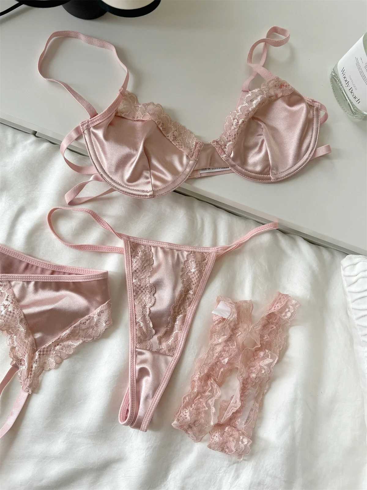 Satin mesh lingerie ultra-thin women large breast underwear sexy lace adjustment bra set pink female braletteXJ241205