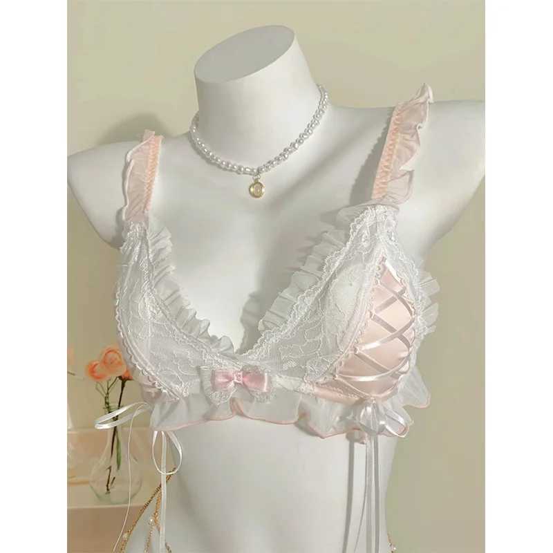 Japanese Transparent Bra and Panty Set Lolita Lace Triangle Cup Underwear Women Lingerie Set Rabbit Ear Chest Pad Thin BraletteXJ241205