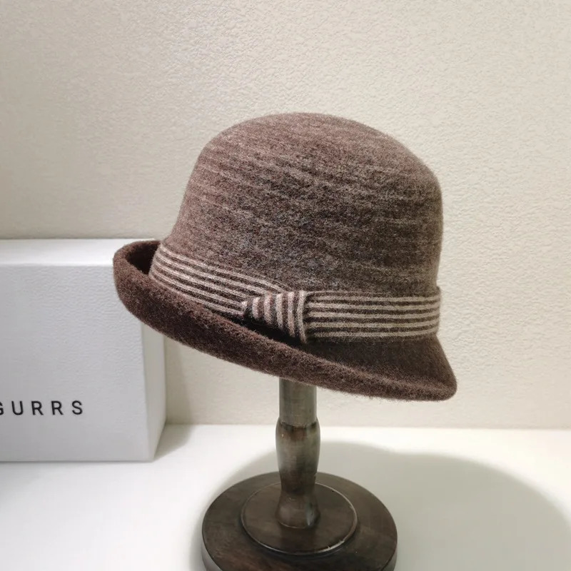 Autumn/Winter Japanese Curly Knitted 100% Wool Yarn Contrast Striped Womens Retro Casual Warm Bowl Hat Fishermans Hat 241205