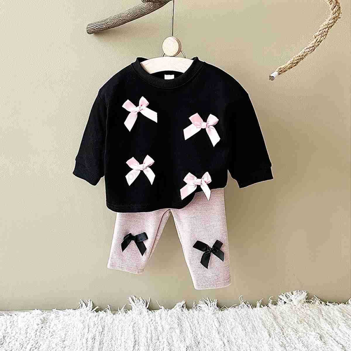 Ins Toddler Baby Suit Infant Outfit Baby Girls Spring Autumn Long Sleeved Bow Top Pullover+Pants Newborn Baby Clothes Sets 0-3YXJ241205