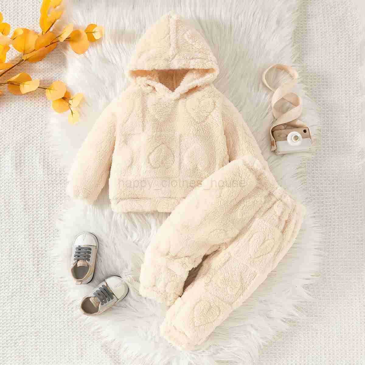 0-2 years old baby autumn and winter warm and comfortable love fur pattern hooded top + love fur pattern pants two-piece setXJ241205