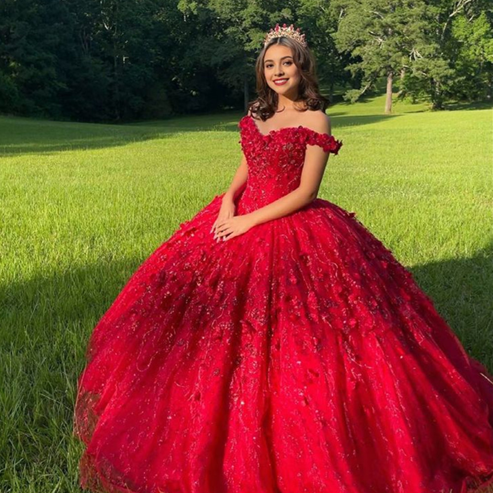 Luxury Giltter Red Vestidos De Quinceanera Dresses 2024 Off The Shoulder Sequin Plus Size Rufflwa Princess Prom Party Gowns 01