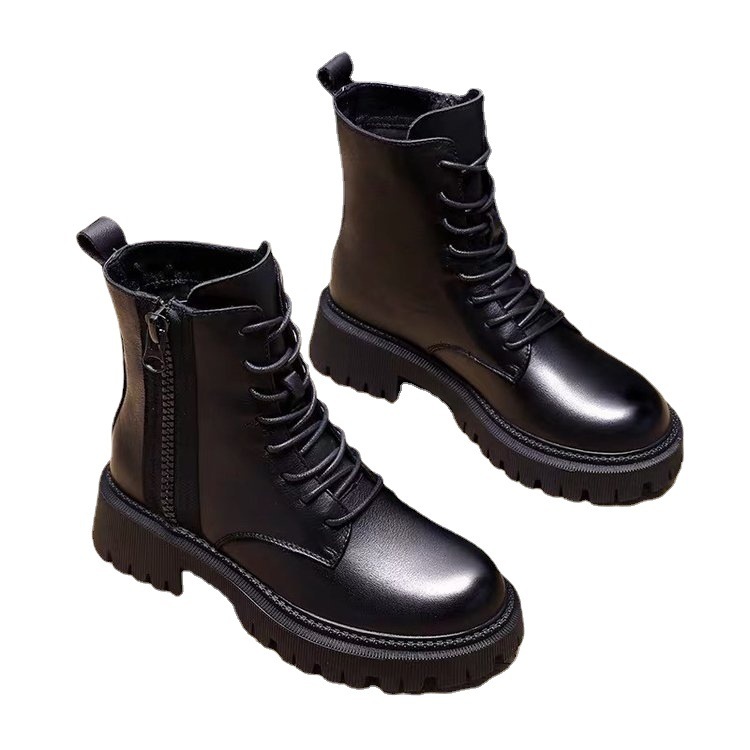 British mid length boots Martin boots 2022 model black handsome short boots PU front lace up round toe low heel thick sole single boot