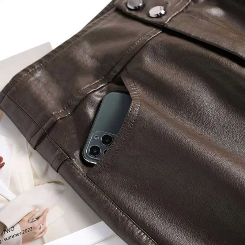 Spring Autumn PU Leather Pants Female Brown Black WideLeg 2024 High Waist Loose Casual Womens Fashion Tube Trousers 241205