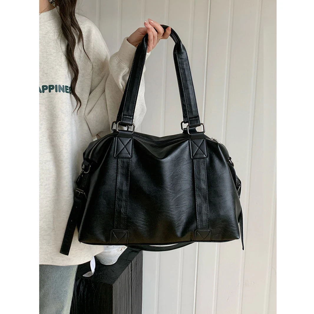 Large Capacity Black Shoulder Bags For Women Shopper Bag Solid Color Soft Leather Crossbody Handbag Lady Travel Tote 241204