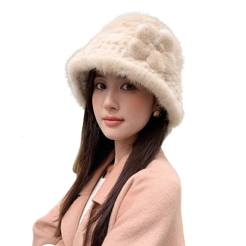 Winter mink fur hat womens Korean version mink fur hair woven flower real fur hat 241205