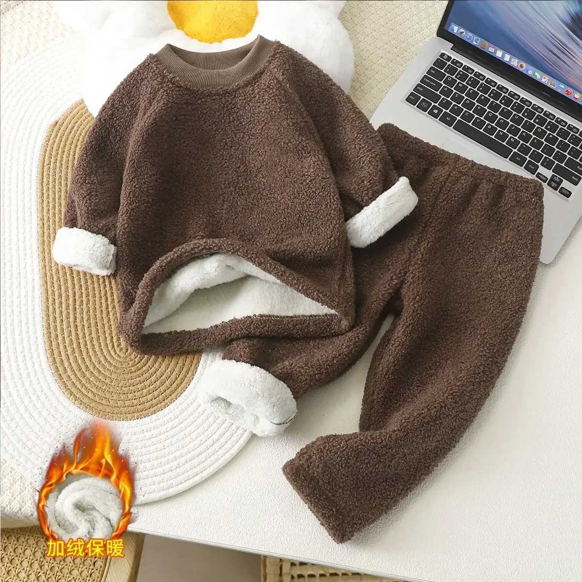 Pajamas New Baby Warmth Set Home Fur Childrens Double Fleece Winter Plush Thickened Lamb Velvet Pajamas for Boys Girls H241205