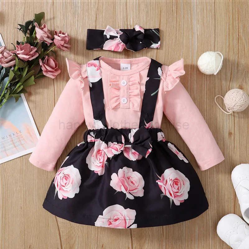 3PCS Baby Girl Dress Set Long Sleeves Bodysuit+Rose Floral Suspender Skirt+Headband Fashion Outfits for Toddlers 0-18 MonthsXJ241205