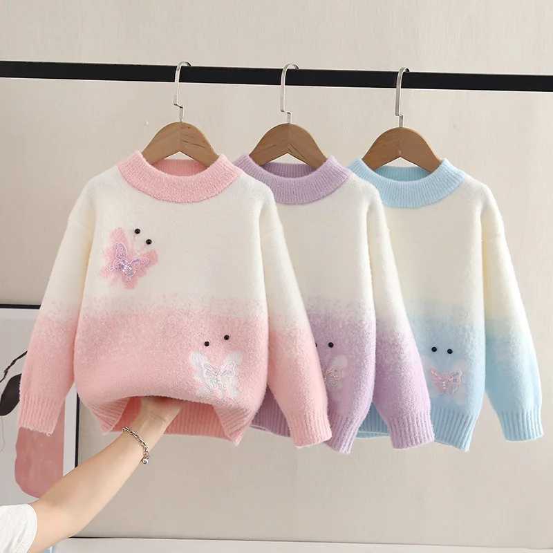Sweater Girl Elegant Butterfly Pattern Knitted Zipper O-neck Fur Casual Childrens Top Keep Girls Warm Knitted HY07261 W241205