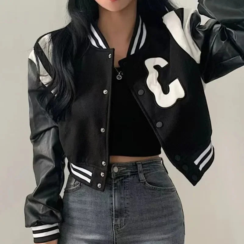 Winter Cropped Bomber Jacket Women Vintage Korean Fashion Oversized Gothic Baseball Short Jackets Kpop Chic Streetwear Coat 241205