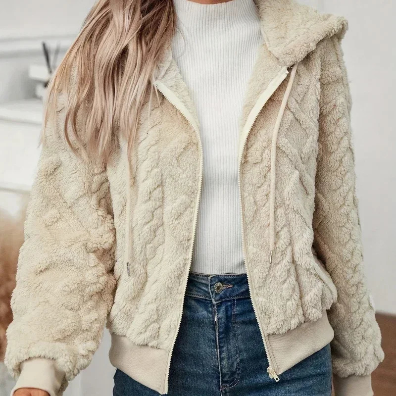 Womens Zip Up Fuzzy Hooded Jacket Long Sleeve Teddy Jacket Coat Women Warm Winter Outerwear Perfect for Cold-Weather Clothing 241205