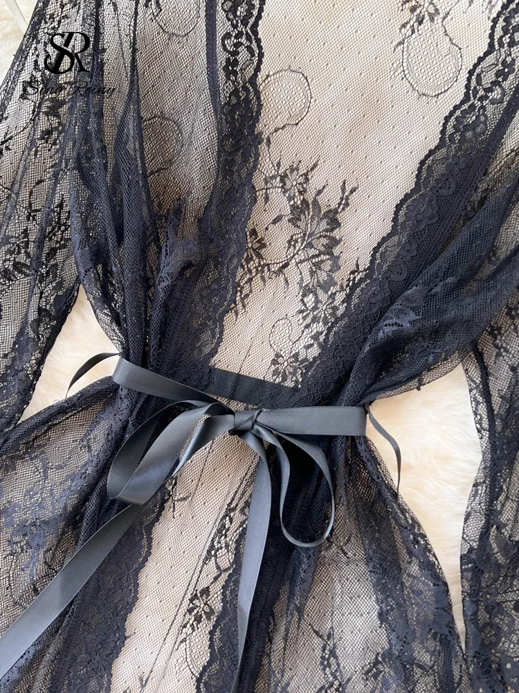 SINGREINY Mesh Sheer Sensual Cardigan Nightwear Women V Neck Lace Print Night Dress Summer Long Sleeve Lingerie Erotic Pajamas 241205