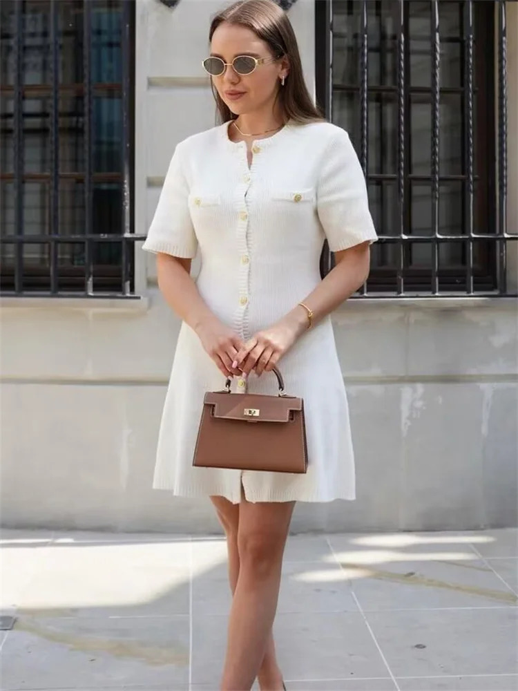Tossy White Knit Mini Dress For Women Fashion Short Sleeve Patchwork Pocket Loose Elegant Dress Womens Knitwear Mini Dress 2024 241204