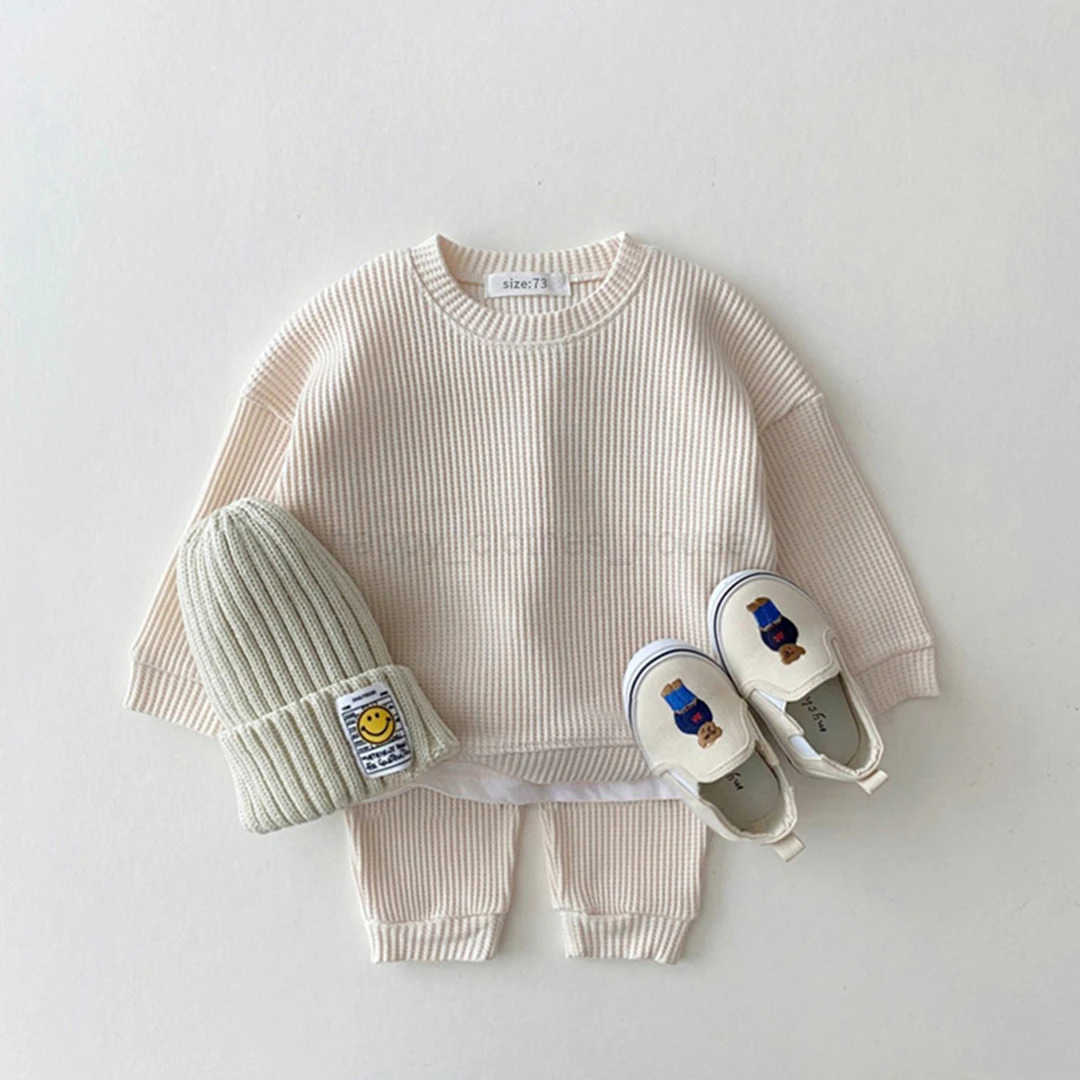 2023 Korea Toddler Baby Clothing Sets For Infant Baby Boys Clothes Set Mock Two-piece Waffle Cotton Sweatshirt+Pants 2pcs OutfitXJ241205