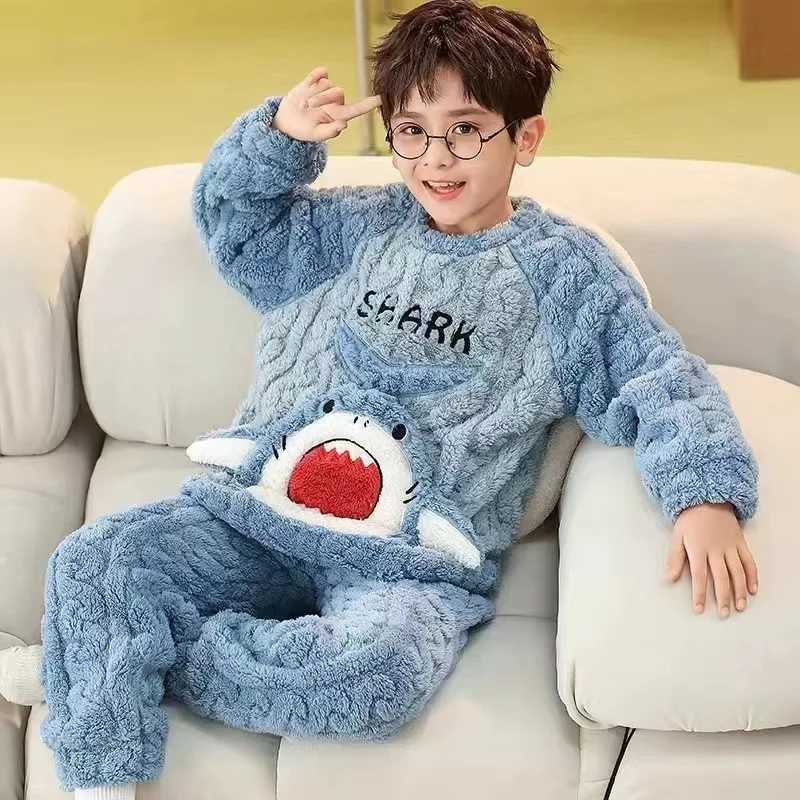Pajamas Winter Warm Teenage Pajamas Animal Cartoon Kids Pijamas Set Coral Fleece Plush Home Clothes Suit Thicken Flannel Boys Sleepwear H241205