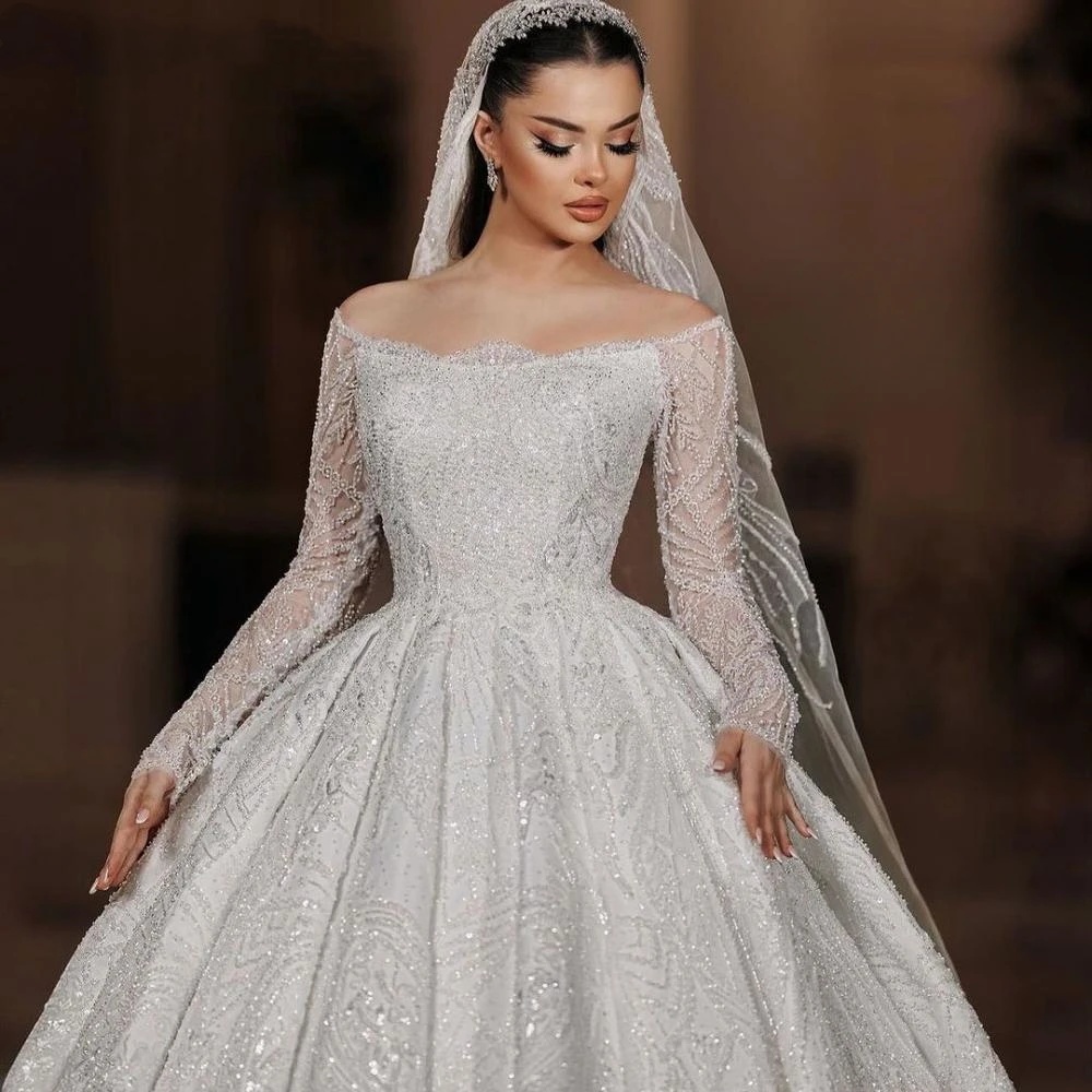 Sparkly Beaded Wedding Dress With Train Strapless Long Sleeve Bridal Gown Customized Ball Gowns Dresses For Bride vestidos de novia