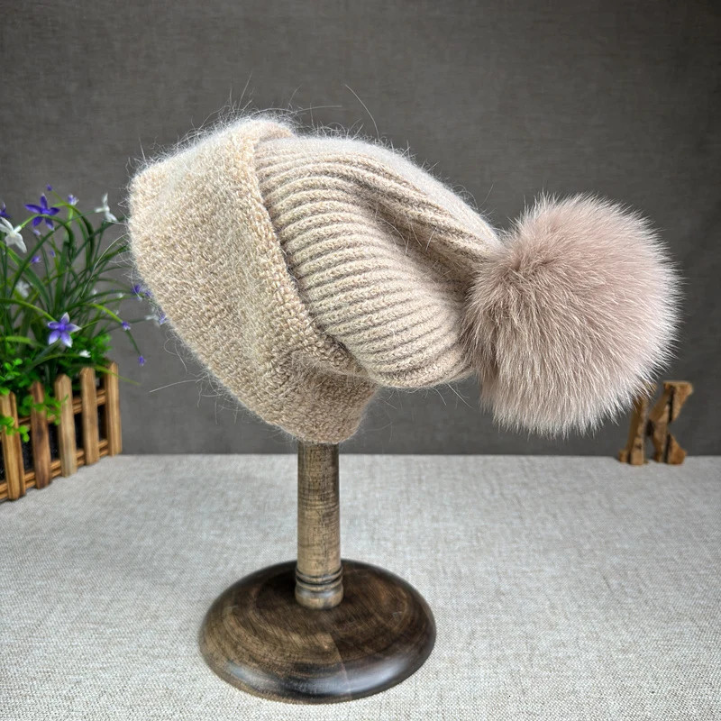 Korean version fox fur ball knitted hat suitable for womens autumn and winter earmuffs Angora rabbit fur flip cover plush hat 241205