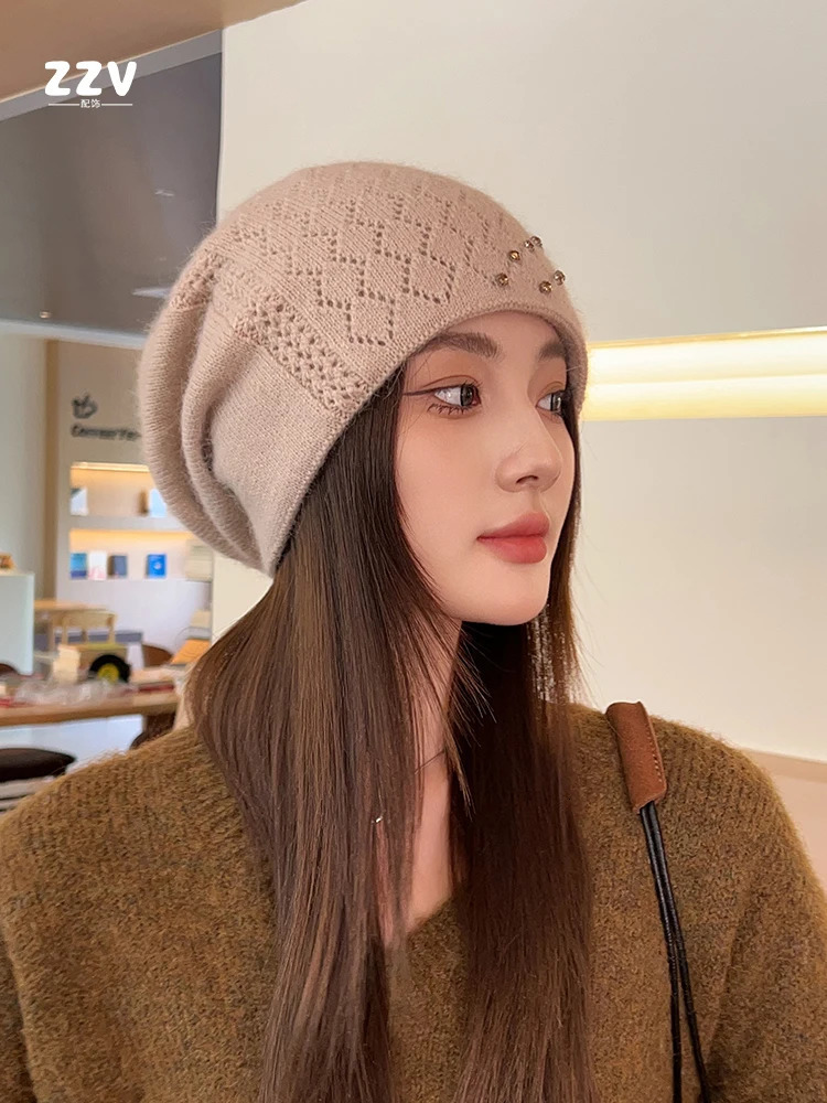 Fashionable womens knitted Beanie hat for winter warmth oversized outdoor skiing hat hip-hop striped hat thickness R76 241205