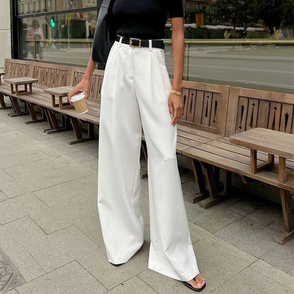 Pure white pants for women, autumn winter high waisted wide legged European and American temperament, versatile commuting pants, 2024 new casual fashi