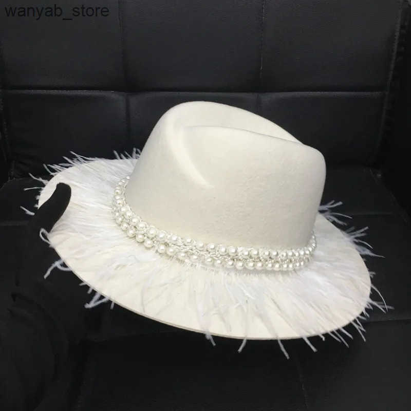 Cloches Classic white felt winter hat warm chloroprene wool pearl feather cork Brideby wedding church Fedora womens dress L240910