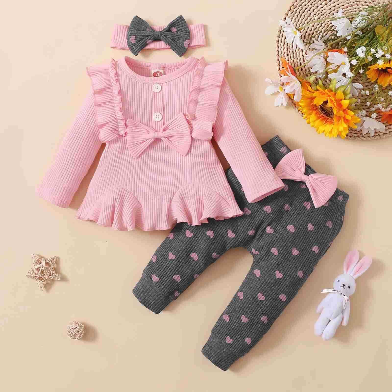 Newborn Baby Girls Clothes Set Pink Toddler Ruffle Tops Heart Print Bow Trousers Princess Casual Infant Outfits Clothes SuitXJ241205
